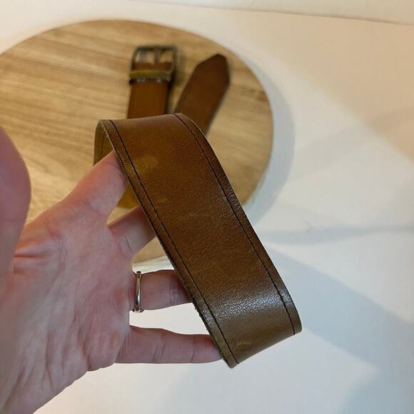 Vintage 90s Soft Tan Genuine Leather Chunky Brass Buckle Belt Size M/L - Picture 6 of 12